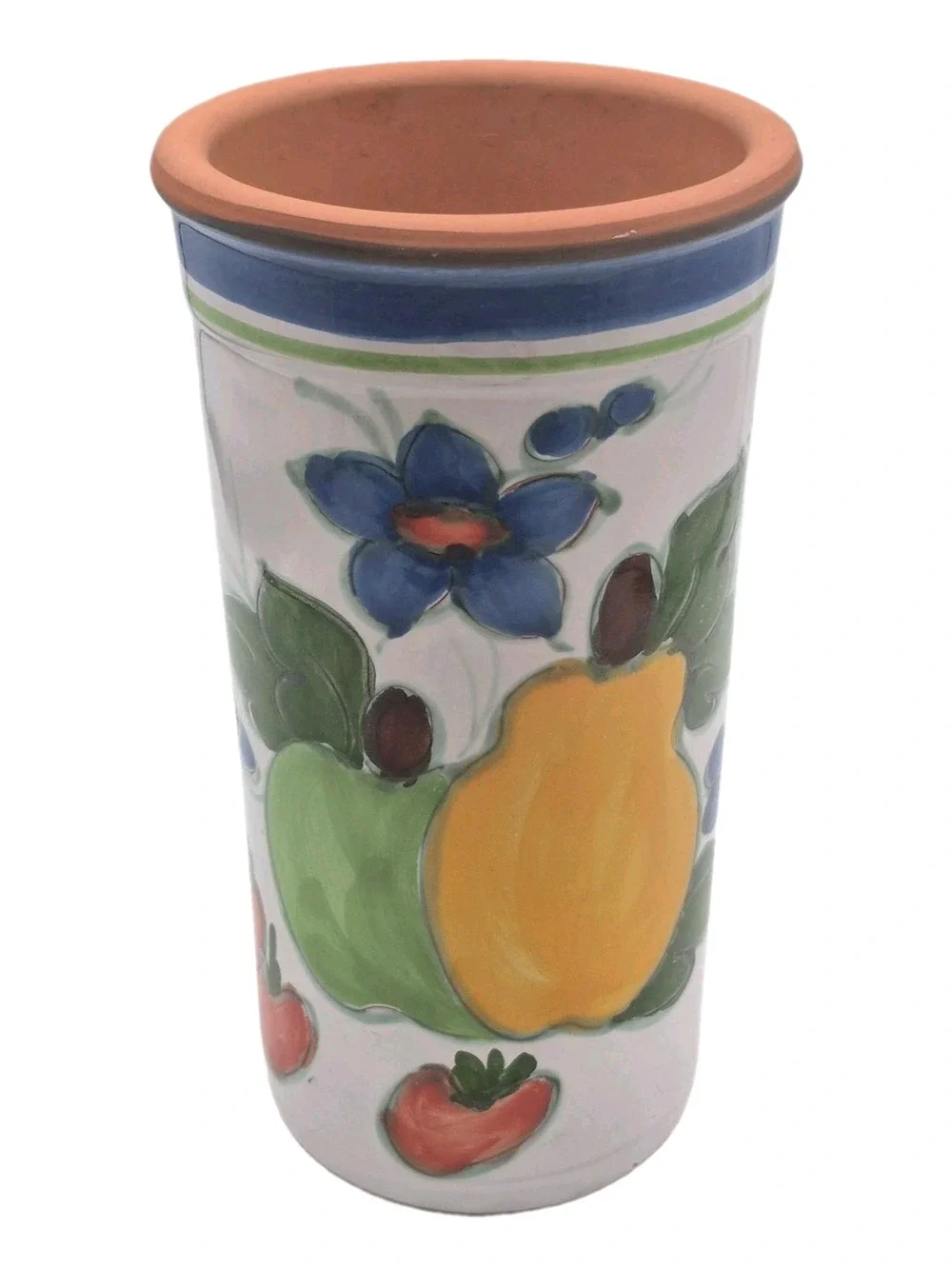 Vintage Handpainted Terracotta Art Pottery Wine Cooler Fruit Flowers 9.5